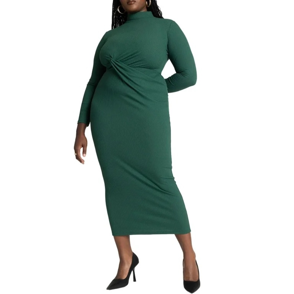 ELOQUII Twist Detail Ribbed Dress Size 18/20 – Green